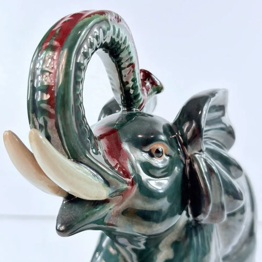 Vtg 1950's Ceramic Art Pottery Elephant Figurine Lucky Trunk Up Green Red Glaze